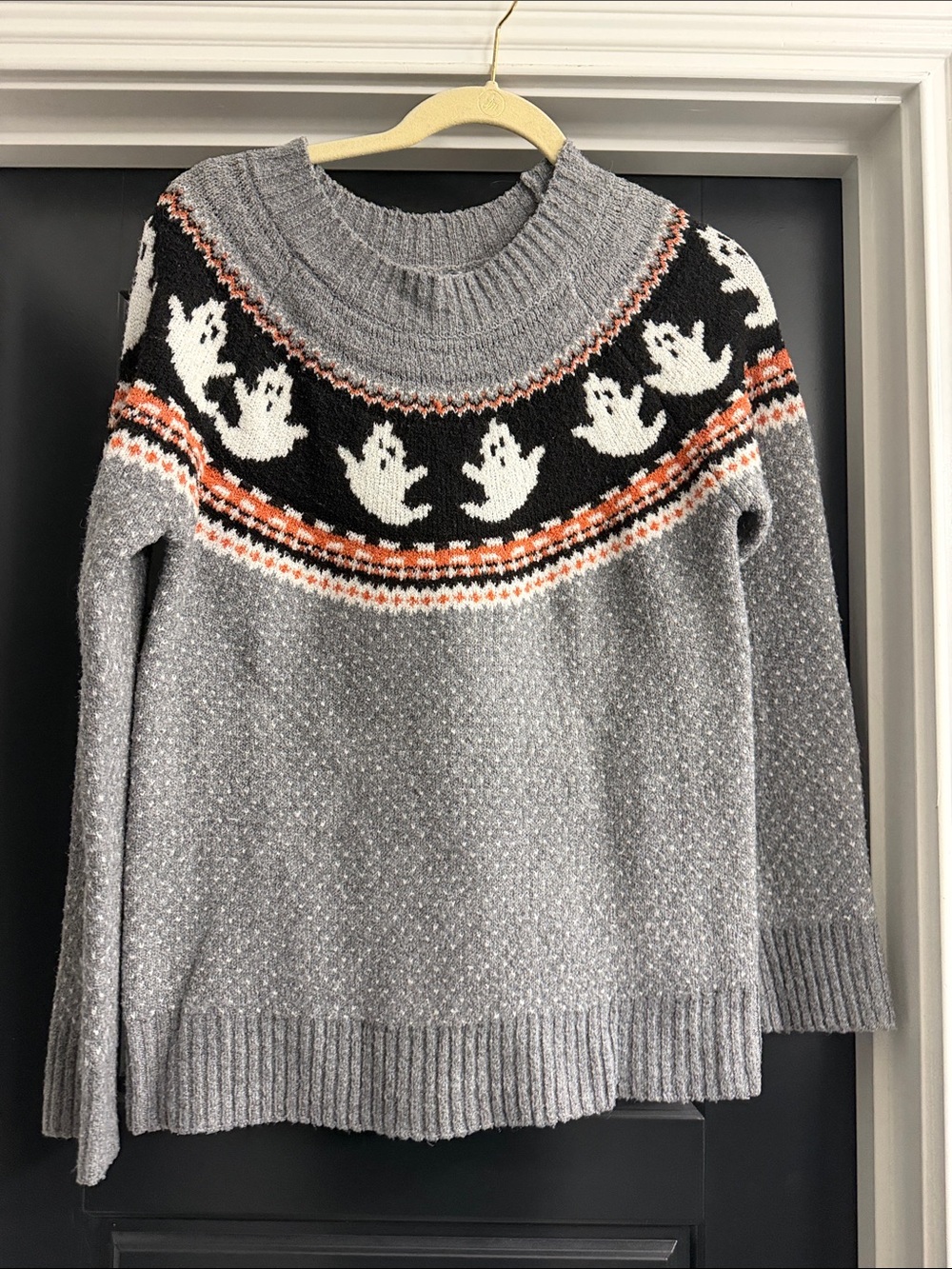 Maurices Gray Crewneck Sweater with White Ghosts and Orange Accents